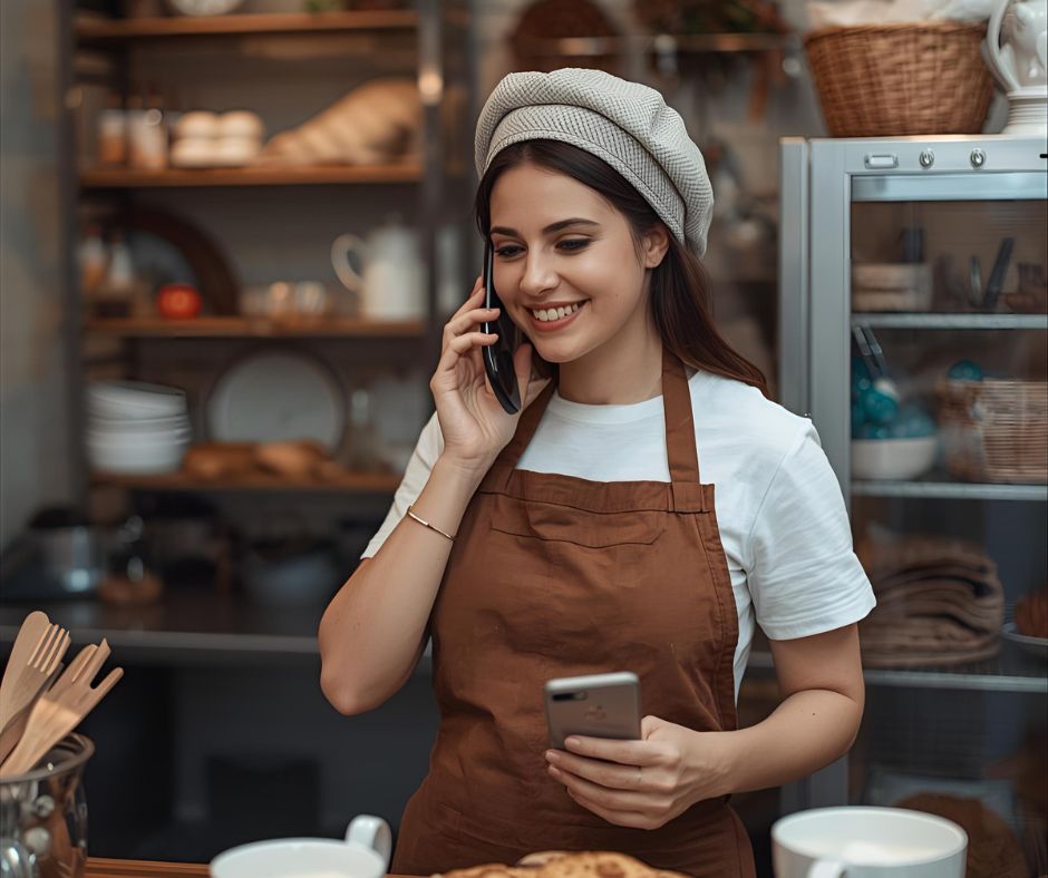 Profesional de la panadería hablando por teléfono, simbolizando tu empresa lista para 2026