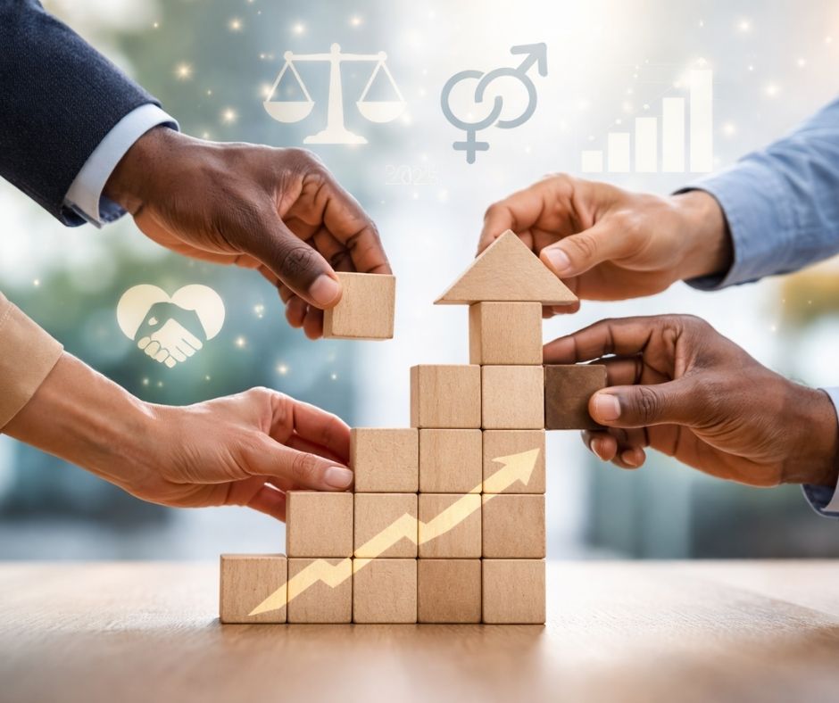 Manos de profesionales construyendo una estructura que simboliza la igualdad en la empresa ante los cambios obligatorios de 2026