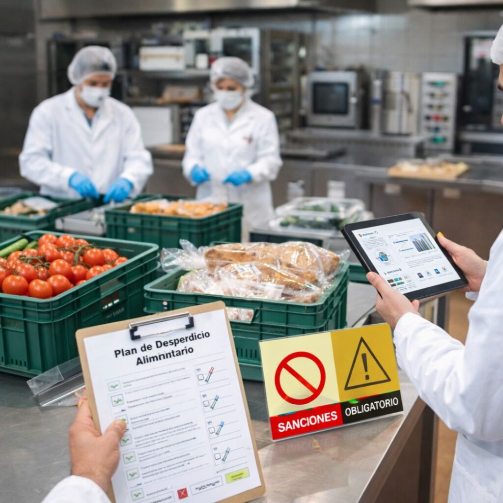 Restaurante gestionando excedentes alimentarios y cumpliendo requisitos legales de reducción de desperdicio en España
