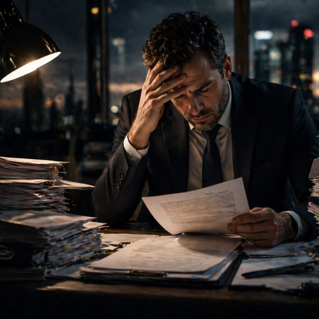 Empresario revisando documentación con preocupación ante posibles sanciones por incumplimiento legal