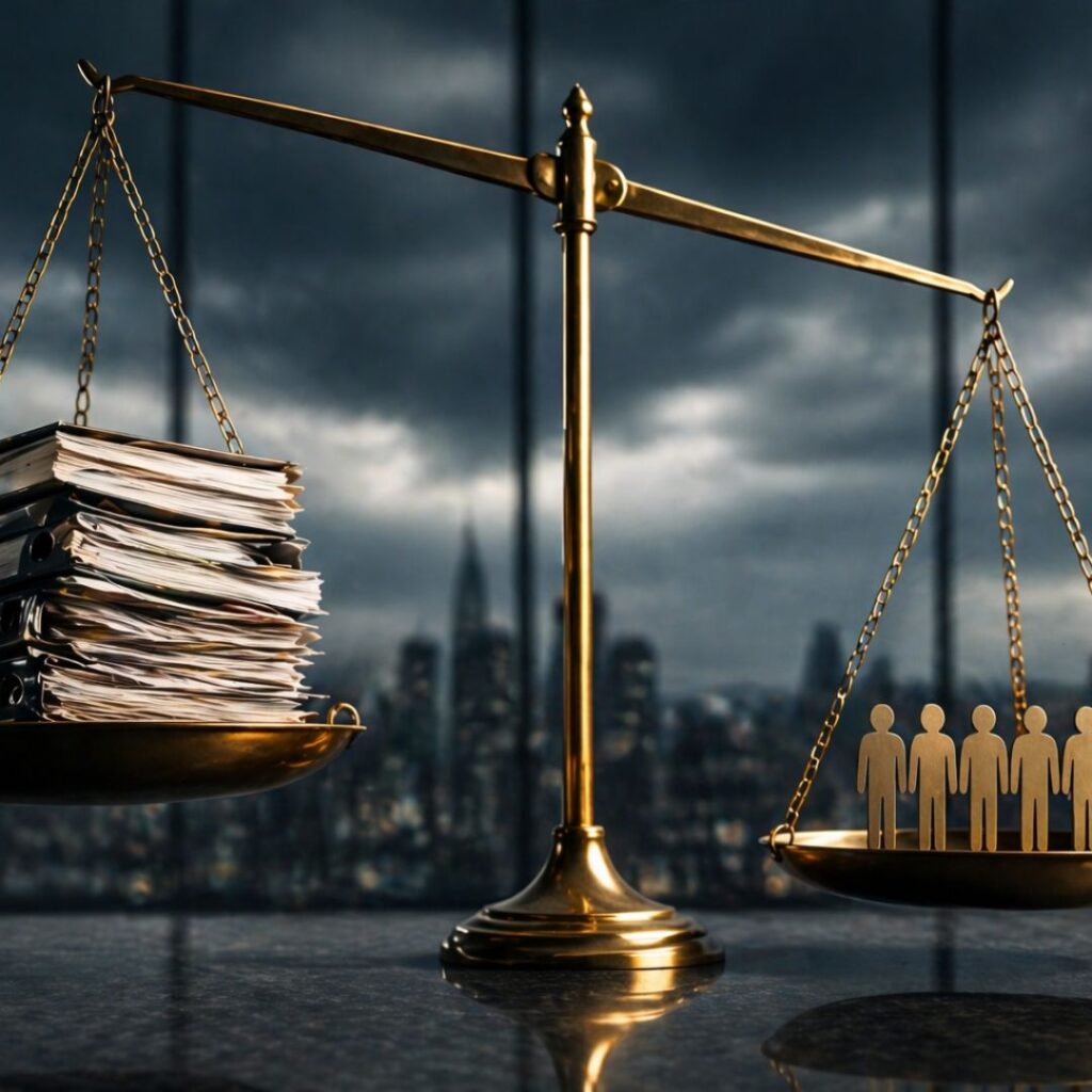 Balanza que representa el equilibrio entre cumplimiento normativo y sanciones en empresas