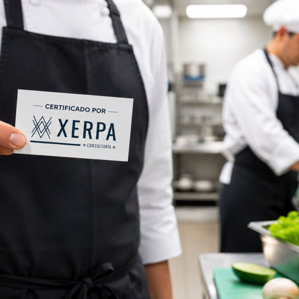 Trabajador de hostelería mostrando carnet de manipulador de alimentos certificado por Xerpa Consultoría
