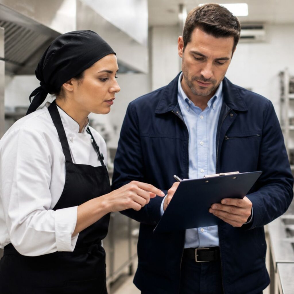 Inspección sanitaria en una cocina profesional de hostelería revisando procedimientos de seguridad alimentaria