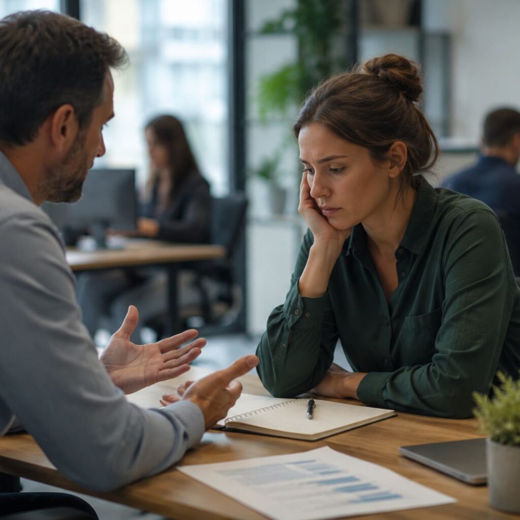 Responsable de equipo hablando con una trabajadora que muestra señales del síndrome del empleado burbuja en una empresa