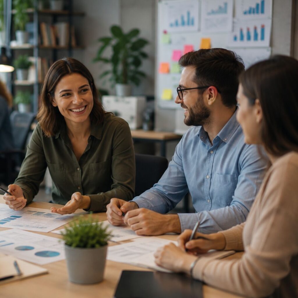 Equipo de trabajo colaborando con motivación tras superar el síndrome del empleado burbuja en la empresa