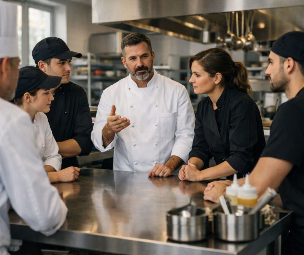 Equipo de hostelería recibiendo formación para mantener actualizado el APPCC y garantizar la seguridad alimentaria