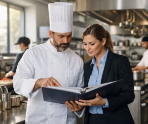 Responsable de cocina revisando el APPCC para mantener actualizado el sistema de seguridad alimentaria en un restaurante