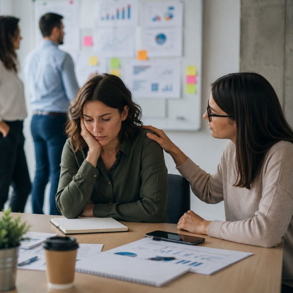 Equipo de trabajo apoyando a una empleada para prevenir el síndrome del empleado burbuja en el entorno laboral