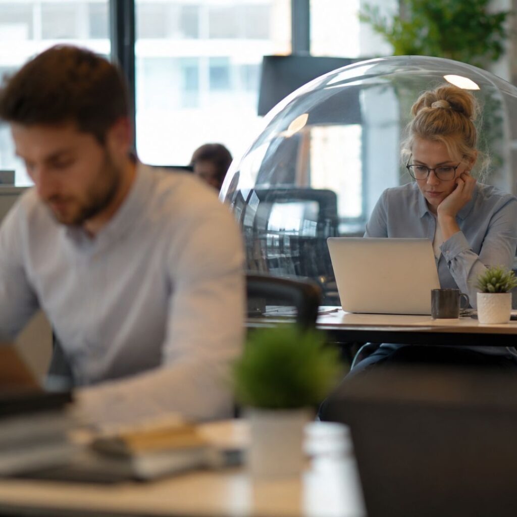 Trabajadora aislada emocionalmente en una oficina representando el síndrome del empleado burbuja en una empresa